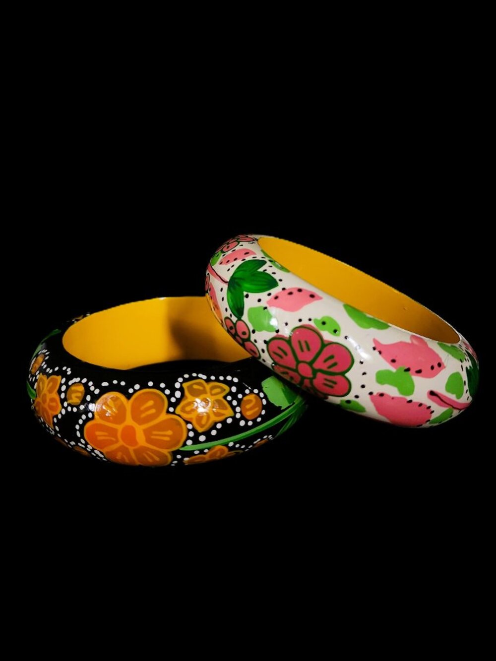 Vintage 80s Chunky Hand Painted Floral Wood Bangle Set (2) Black White Orange